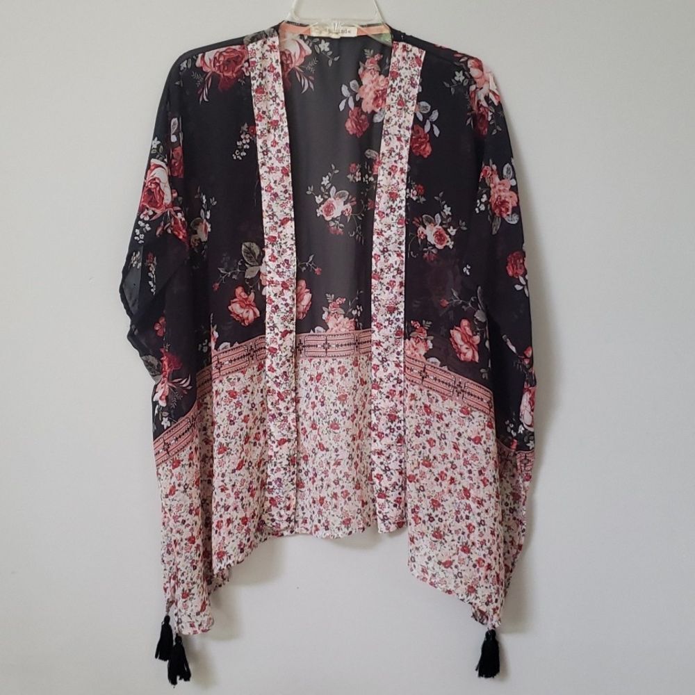 Rewind Kimono Women’s OS Floral Roses Sheer Pink Black Tasseled